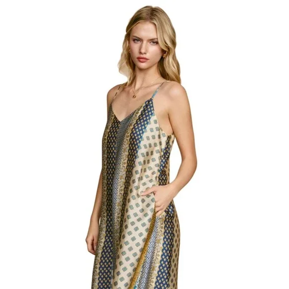 Boho Wide Leg Silky Satin Palazzo Jumpsuit M Multicolor Hippie Gypsy - Picture 7 of 16